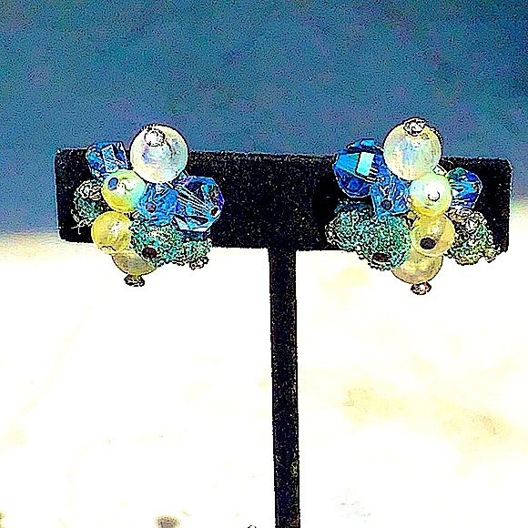 VENDOME 1 STRAND NECKLACE & EARRINGS BLUE SILVER VINTAGE CRYSTAL - Picture 7 of 12